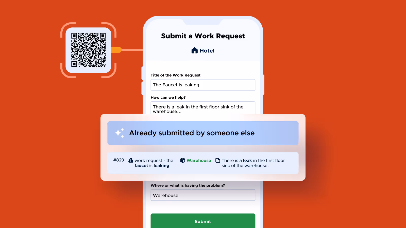 Mobile screen showing a hotel work request form for a leaking faucet in the warehouse with a message stating it has already been submitted by someone else.